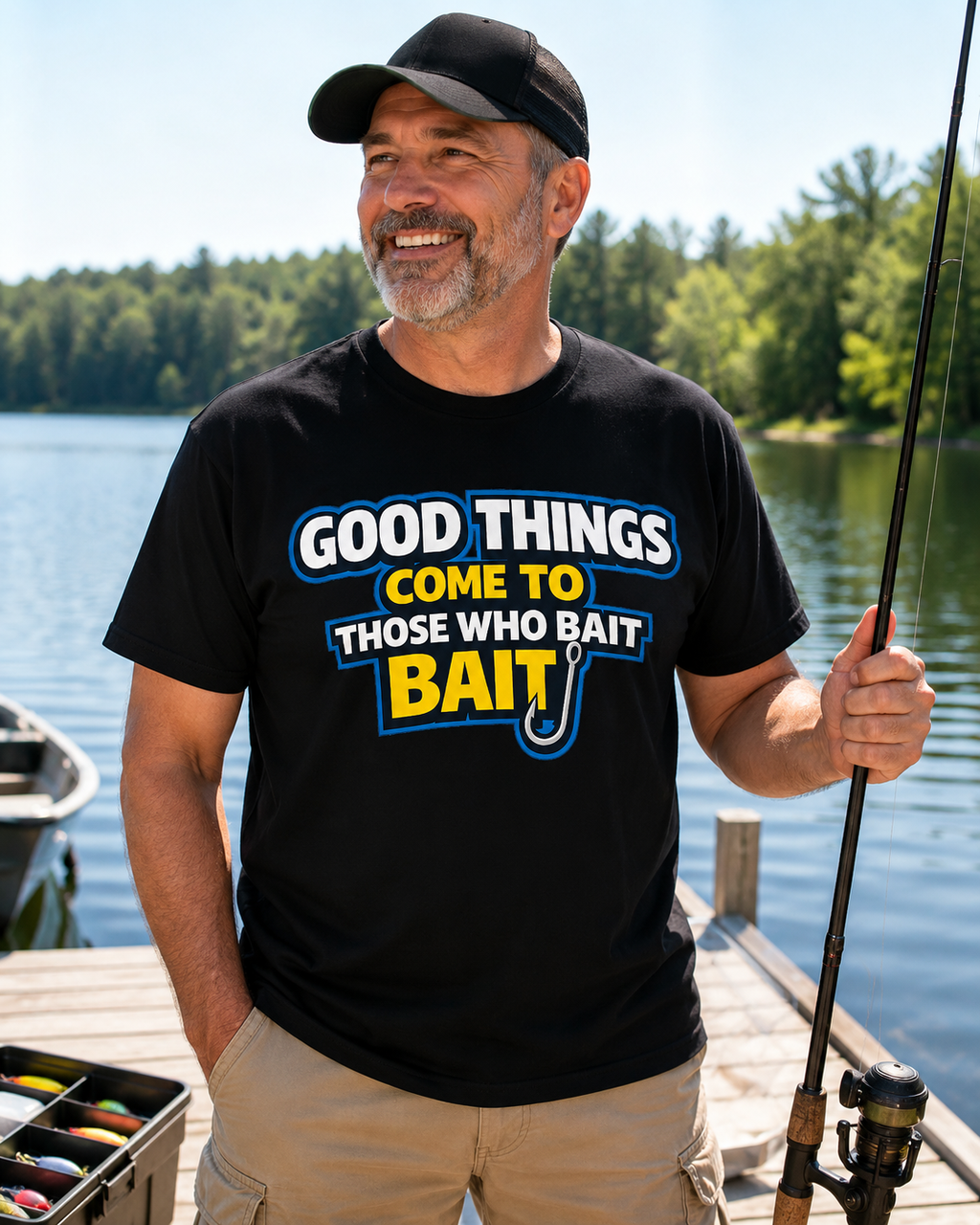Smiling fisherman wearing a black funny fishing t-shirt by the lake, holding a fishing rod.