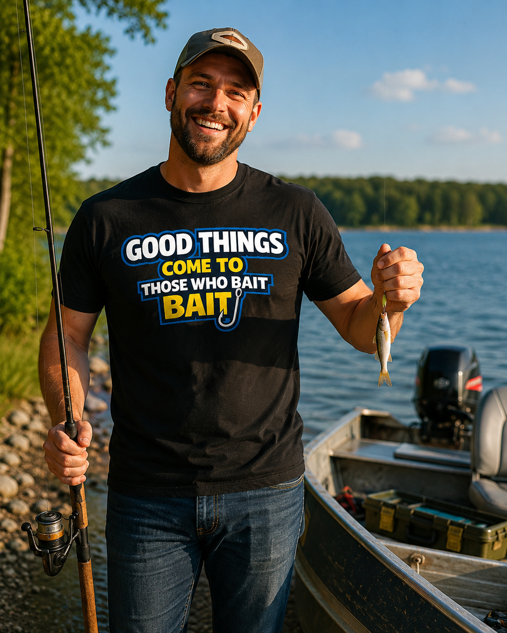 Man wearing a Good Things Come to Those Who Bait fishing t-shirt, smiling by a lake with a fishing rod and small fish.
